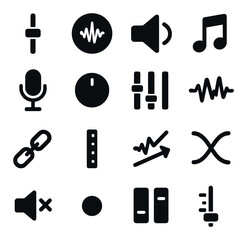 Obraz premium Audio editing section icons in silhouette solid black-filled shapes with clean, simple : volume fader slider, waveform boost button, audio ducking icon, background music note, voiceover mic