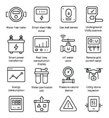 Smart utilities icons in minimalistic line art : water flow meter, smart electricity meter, gas leak sensor, underground utility scanner, smart power transformer, real-time consumption display,