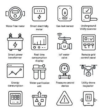 Smart utilities icons in minimalistic line art : water flow meter, smart electricity meter, gas leak sensor, underground utility scanner, smart power transformer, real-time consumption display,