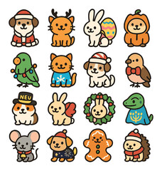 Holiday-themed costumes icons in modern flat vector in minimalistic vibrant color design: dog in Santa suit, cat in reindeer antlers, bunny with Easter egg backpack, hamster in pumpkin hoodie,