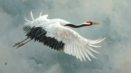 Elegant Japanese crane in flight against a soft cloudy sky, showcasing its wide wingspan and red-crowned head.

