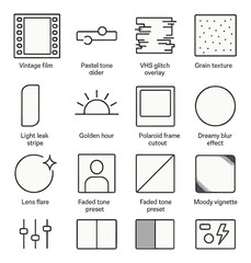 Aesthetic filter trends icons in minimalistic line art : vintage film frame, pastel tone slider, VHS glitch overlay, grain texture box, light leak stripe, golden hour icon, polaroid frame cutout