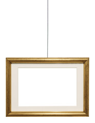 Gilded and aged picture frame with passepartout and hanging wire on transparent background, png image