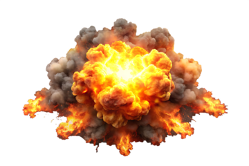 Intense orange and yellow fire burst with grey smoke clouds emanating outwards isolated on a transparent background