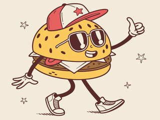 Whimsical cartoon burger character with expressive eyes tongue out and fun accessories
