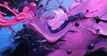 Vibrant abstract artwork featuring a dynamic flow of pink blue and black acrylic paint splatters creating a textured and energetic visual. The colors blend and contrast dramatically - Powered by Adobe