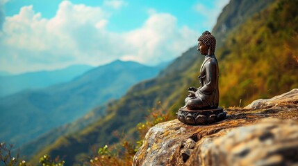 Buddha Statue Meditating Isolated On A Peaceful River Background With Copy Space For Spirituality, Mindfulness, Meditation, Inner Peace, And Zen Tranquility Concepts. yoga concept with copy space.