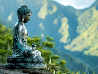 Buddha Statue Meditating Isolated On A Peaceful River Background With Copy Space For Spirituality, Mindfulness, Meditation, Inner Peace, And Zen Tranquility Concepts. yoga concept with copy space.