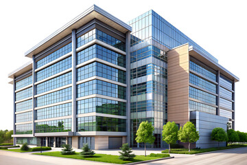 Obraz premium Large contemporary glass and concrete office building with green landscaping isolated on a transparent background