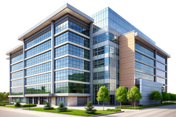 Large contemporary glass and concrete office building with green landscaping isolated on a transparent background