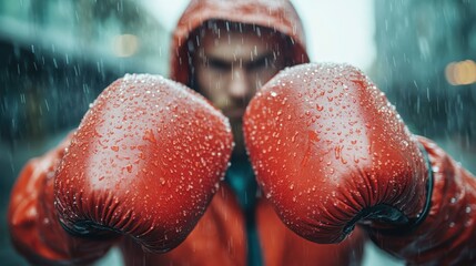 An intense close-up of a person wearing bright red boxing gloves, demonstrating focus and determination amidst a rainy urban environment, capturing the spirit of resilience.