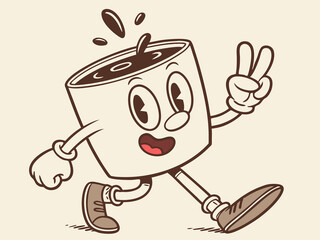 Cute cartoon coffee mug mascot with white gloves brown shoes and happy joyful face