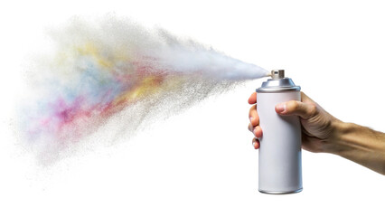 Hand holding white spray can releasing colorful mist cloud isolated on a transparent background image