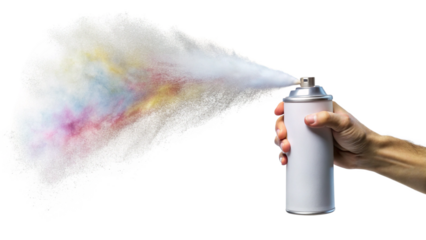 Hand holding white spray can releasing colorful mist cloud isolated on a transparent background image