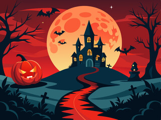 Dark Halloween night with eerie castle winding path red moon and glowing pumpkins