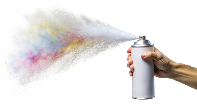 Hand holding white spray can releasing colorful mist cloud isolated on a transparent background image