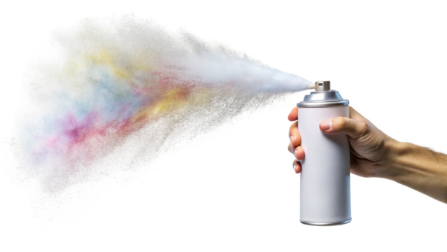 Hand holding white spray can releasing colorful mist cloud isolated on a transparent background image - Powered by Adobe