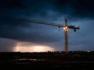 Stormy Construction Site with Tower Crane and Lightning