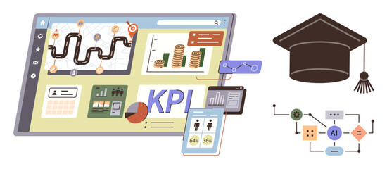 KPI dashboard tracks progress and performance. AI-based workflow connects data processes. Graduation cap highlights education and growth. Ideal for analytics, AI, e-learning, strategy, planning