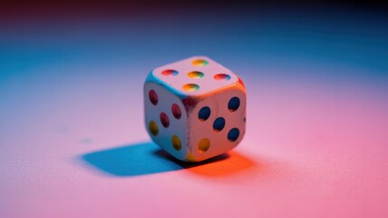 Colorful six-sided die on multicolored gradient background