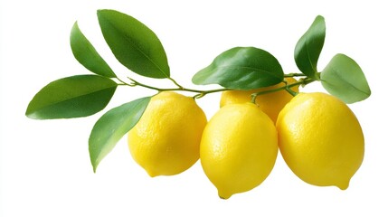 Fresh lemons hanging from vibrant green leaves. This image captures the essence of citrus fruits. Perfect for food blogs, recipes, and health articles. Ideal for creative projects. AI.
