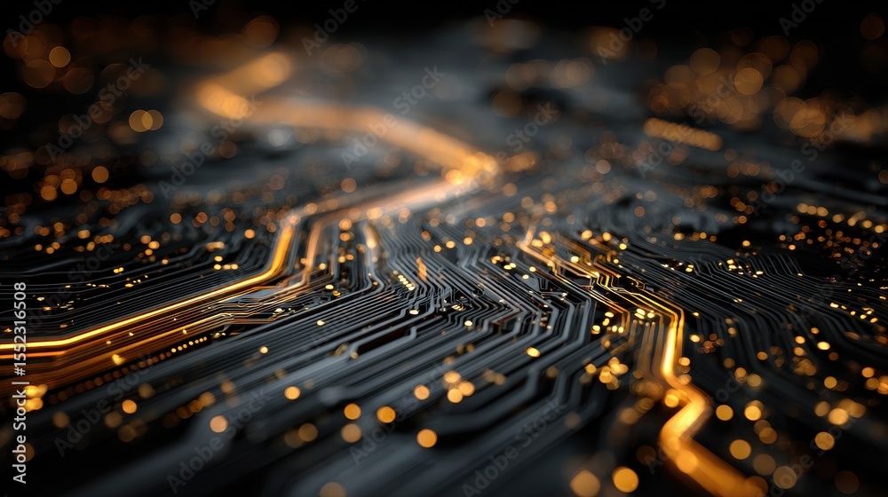 Poster Digital network conceptualization showing data flow and connectivity across an abstract futuristic circuit board