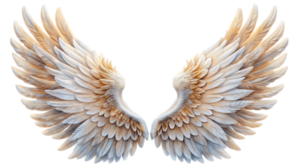 Pair of large feathered angel wings with white and tan hues isolated on a transparent background feathers