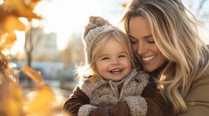 Obraz premium A heartwarming portrait of a mother and her child sharing a joyful embrace in the autumn sun, radiating love, happiness, and the beauty of familial bonds.