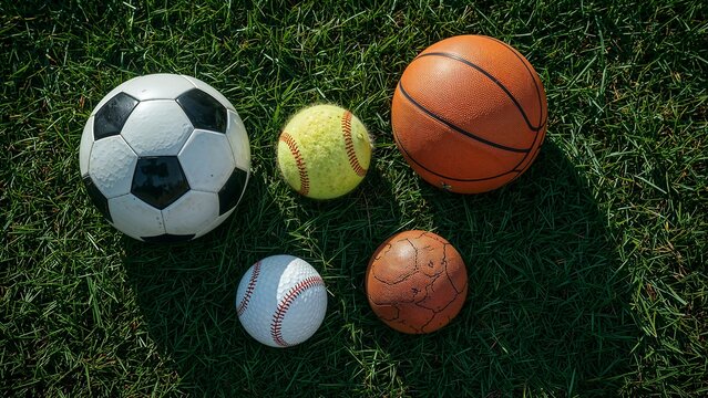 A collection of various sports balls such as soccer, basketball, tennis, baseball, and golf are placed on the green grass,white,vector,set