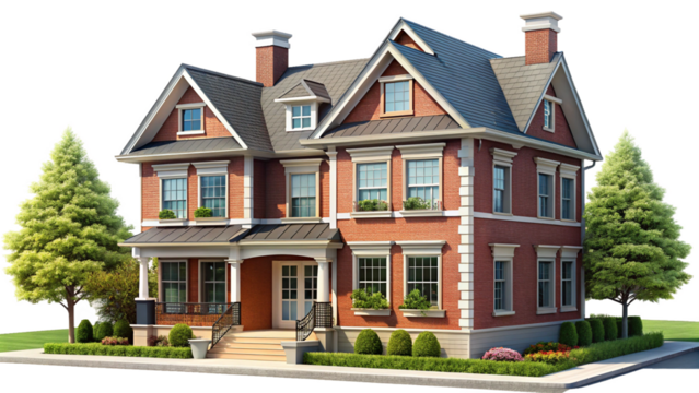 Red brick two story house with white trim and dark roof surrounded by green trees and manicured bushes isolated on a transparent background - Powered by Adobe