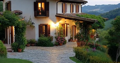 Video of a house on a hill at dusk with a garden full of flowers and lush greenery illuminated by warm indoor lights
