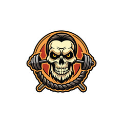 Tattoo-style skull logo with gym rope beard and barbell eyebrows, edgy masculine fitness emblem, vintage tattoo-inspired design for gym, bodybuilding, apparel, and sports branding.