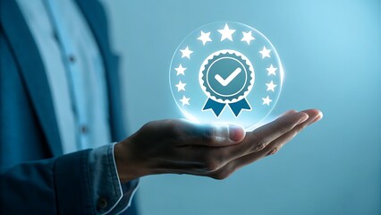 Photo of businessman holding a glowing award with a check mark, symbolizing success and achievement
