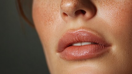 A close-up photograph showcasing the natural beauty of soft lips, accentuated with a healthy glow and textured skin, embodying the essence of fresh beauty and elegance.