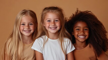Fototapeta premium A vibrant portrait capturing the joyful expressions of three young girls, showcasing diversity and friendship, encapsulating the innocence and happiness of childhood moments.