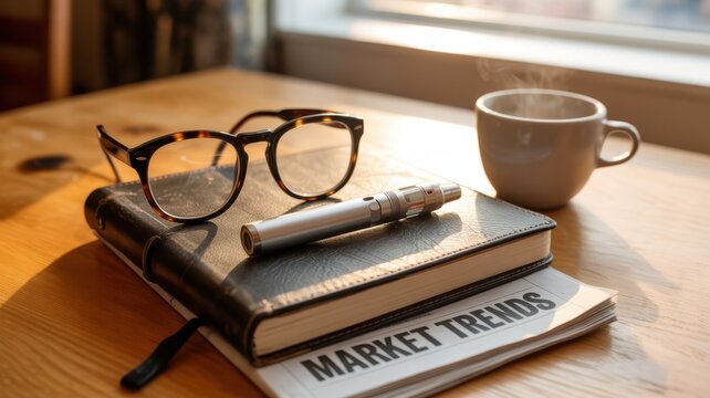 Morning coffee and glasses on desk with notebook and pen beside market trends newspaper