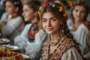 A beautiful young woman with bright blue eyes and braided hair adorned with colorful pom-poms smiles gently. She wears embroidered Slavic folk attire and beaded necklaces at a cultural gathering