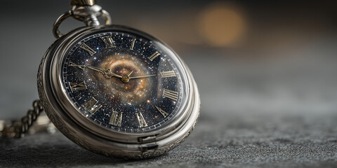 Vintage pocket watch with galaxy design on textured background  