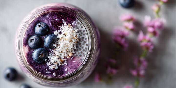 Healthy smoothie bowl with blueberries and coconut in jar  