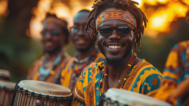 A joyful Black man with dreadlocks, wearing sunglasses and a colorful headband, smiles warmly at the camera while playing a djembe drum at an outdoor cultural festival - Powered by Adobe