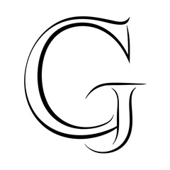 Elegant black calligraphy letter g and j design on white