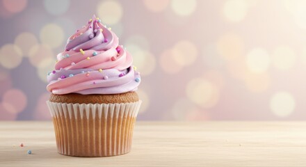 A sweet cupcake with pink and purple frosting and colorful sprinkles on a wooden table with bokeh lights background. Food dessert for celebration.