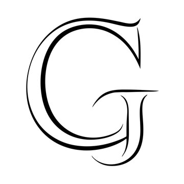 Elegant black calligraphy letter g and j design on white