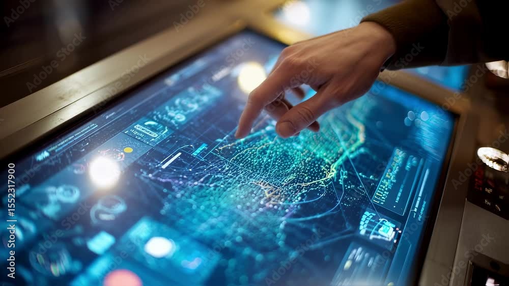 Aufkleber engineer is using a futuristic touchscreen display showing a user interface with a map and data anal