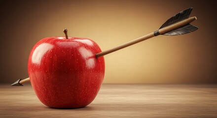 Red apple with arrow piercing through it on wooden table  