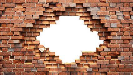 Rough textured red brick wall with a large irregular hole revealing black and blue colors isolated on a transparent background