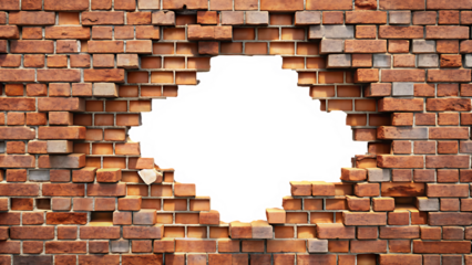 Rough textured red brick wall with a large irregular hole revealing black and blue colors isolated on a transparent background