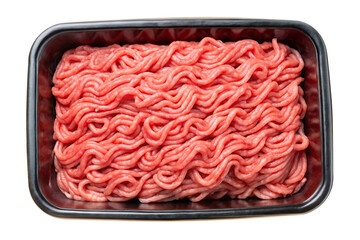 Raw ground beef in a black plastic tray container with a black background isolated on a transparent background