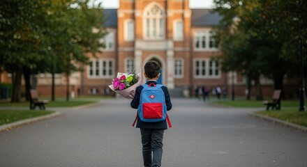 Young boy walking towards school building with flowers in hand  