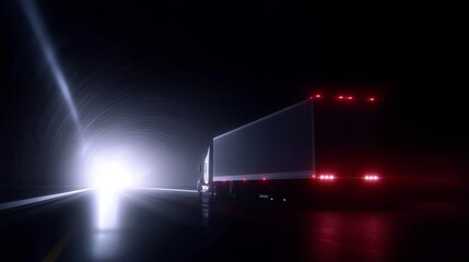 A large truck drives through a dark, misty tunnel. The headlights shine brightly, illuminating the road ahead. This scene captures the essence of night travel. AI.
